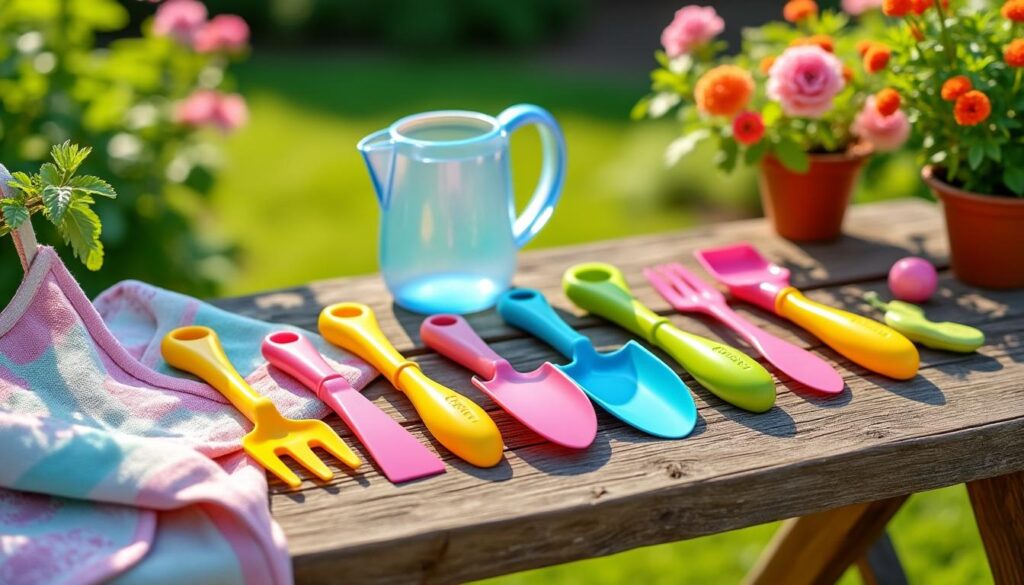 ensemble de jardinage colwelt pour enfants comprenant 7 outils sûrs, un arrosoir, un tablier et un sac fourre-tout. parfait pour initier les enfants dès 3 ans au jardinage de manière ludique et sécurisée.