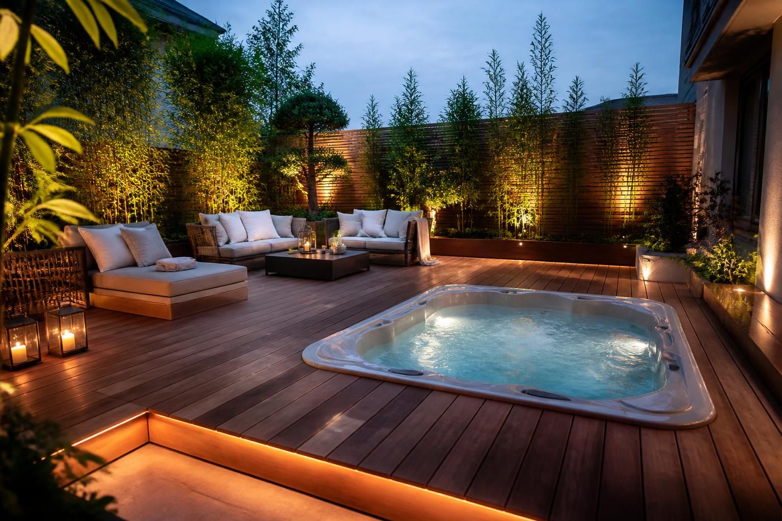 transformez votre terrasse en bois en un espace détente unique en y ajoutant un jacuzzi. profitez d'un cadre convivial et relaxant pour des moments inoubliables.