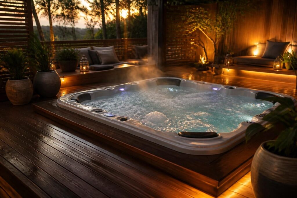 transformez votre terrasse en bois en un véritable espace de détente avec un jacuzzi intégré, pour profiter de moments de relaxation uniques en extérieur.