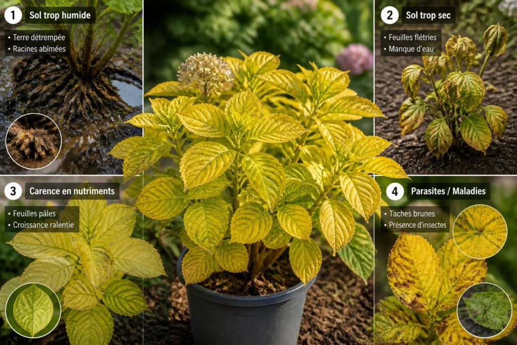 découvrez les 4 principales causes des feuilles jaunes sur l'hortensia et apprenez les solutions efficaces pour redonner vie à votre plante.
